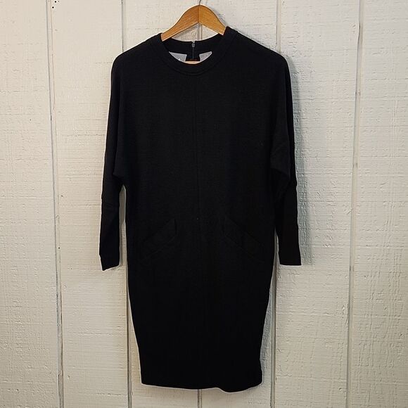 LIZ CLAIBORNE Simple Lose Fit Black 3/4 Sleeve Midi Dress Pockets Petite Small - Picture 1 of 12